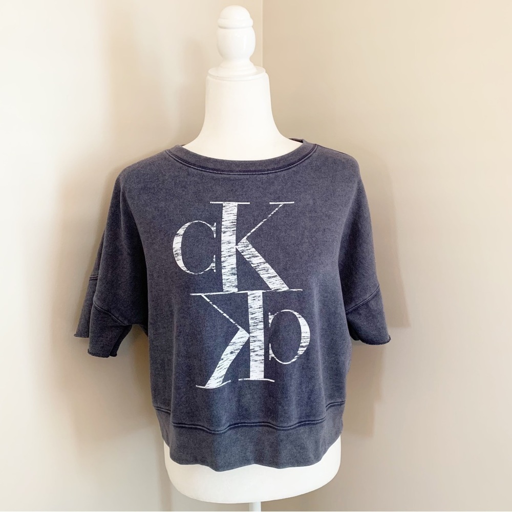 Calvin Klein Heather Navy Cropped Knit Sweatshirt Top Logo Size Small Athleisure